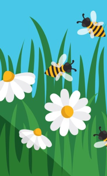 An illustration of grass with daisies and bees flying around.
