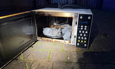 Remains of a wheat bag in a fire damaged microwave