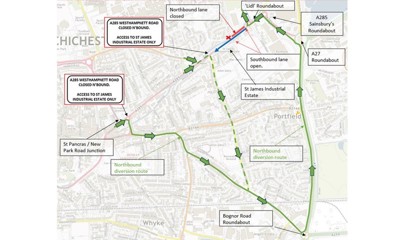 Map showing diversion route re essential work to replace the river wall that helps support the A285 Westhampnett Road in Chichester