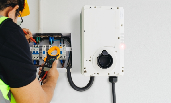 Close-up of a male electrician in a hard hat and high-vis vest performing tests with a clamp meter during home EV charger installation.