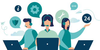 Vector image of three individuals wearing telephone headsets and using laptop computers