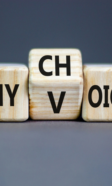 Three wooden cubes spelling out my voice, my choice.