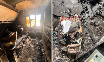 Photos of a fire damaged bedroom and vape