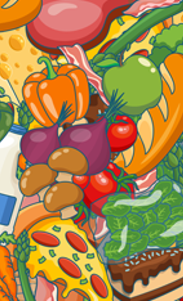Illustration of different types of food waste such as fish. meat, vegetables, bread and so on.