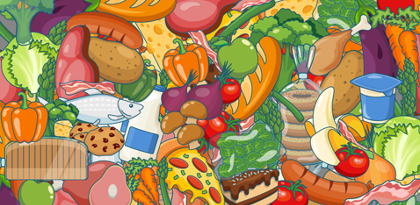 nojs Illustration of different types of food waste such as fish. meat, vegetables, bread and so on.