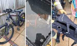 Images showing a bike, a battery submerged in water, and a bag with a burn hole