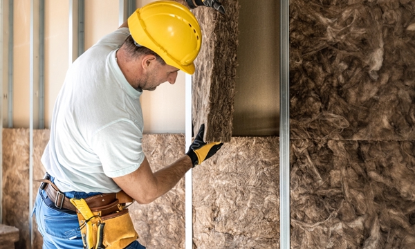 Male construction worker in yellow helmet, gloves and tool belt, adds insulation to a wall ahead of plaster boarding. 