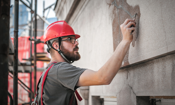 Man, young, caucasian, filing cracks on building.