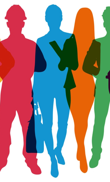 Colourful overlapping silhouettes of people in different professions.