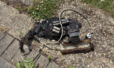 Fire damaged battery and extension lead