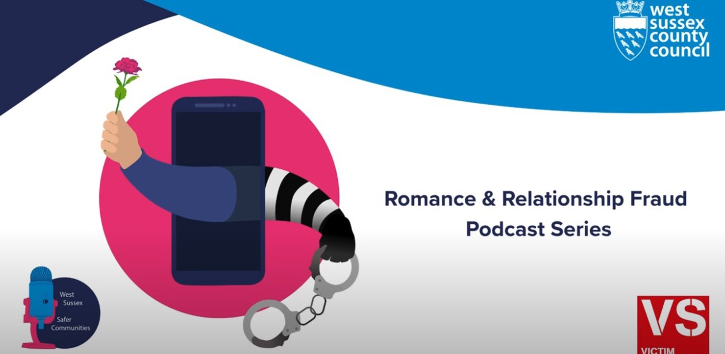 Title card for podcast series showing an arm coming out of the front of a mobile phone with hand holding a rose and an arm coming from the back of the phone shows a criminal's arm with hand holding handcuffs.