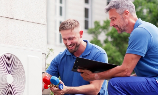 2 male technicians servicing an air sourced heat pump on a sunny day. 
