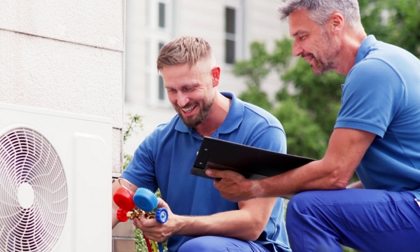 2 male technicians servicing an air sourced heat pump on a sunny day.