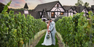 A bride and groom pose for a loving kiss in the vineyard at Leonardslee Wine Estate