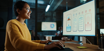 Female, young, Latino, at her desk in front of monitor- happy