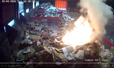 Colour photo of electrical waste fire at Westhampnett Recycling Centre.